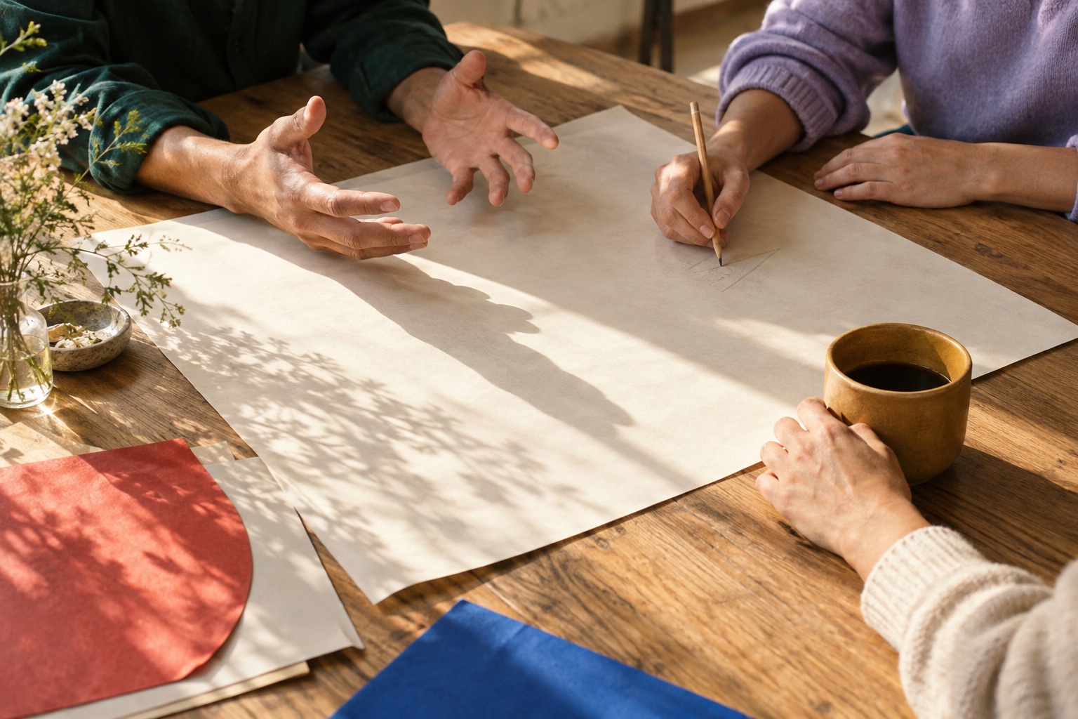 Illustrative editorial photograph of people sharing ideas around paper and coffee in warm natural light.