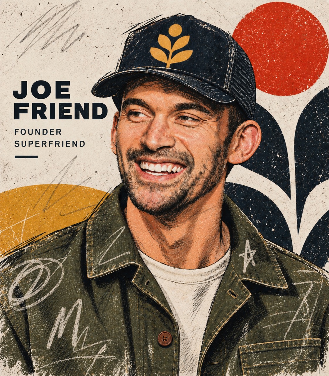 Illustrated portrait of Joe Friend, Founder, SUPERFRIEND, with expressive linework, a growth-glyph cap, and integrated founder typography.